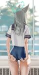  1girl absurdres adjusting_clothes adjusting_swimsuit alternate_costume animal_ears apopo arms_behind_back ass backlighting black_sailor_collar blue_archive blue_hair blue_one-piece_swimsuit blurry blurry_background breasts commentary_request cowboy_shot day from_behind grey_hair hair_between_eyes hair_over_shoulder highres korean_commentary medium_breasts medium_hair one-piece_swimsuit outdoors sailor_collar school_swimsuit shiroko_(blue_archive) shirt short_sleeves solo straight_hair swimsuit swimsuit_under_clothes thigh_gap thighs white_shirt wolf_ears wolf_girl 