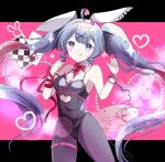  1girl ahoge animal_ears aqua_eyes aqua_hair black_leotard blush breasts card cleavage closed_mouth collarbone commentary cuffs detached_collar diamond_(gemstone) donut fake_animal_ears fishnet_pantyhose fishnets food hair_ornament handcuffs hatsune_miku highres leotard long_hair medium_breasts official_alternate_costume official_alternate_hairstyle pantyhose pink_ribbon playboy_bunny rabbit_hole_(vocaloid) ribbon siquartz22 smile solo thigh_strap tongue tongue_out twintails very_long_hair vocaloid x_hair_ornament 