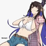  1girl absurdres asymmetrical_horns bikini black_hair black_horns blue_hair blue_shorts breasts colored_inner_hair denim denim_shorts highres hololive hololive_english horns large_breasts long_hair multicolored_hair navel nerissa_ravencroft plaid_clothes plaid_shirt pomuya shirt shorts solo swimsuit virtual_youtuber white_bikini 