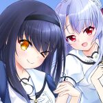  &gt;_o 2girls :d ;) arm_hug black_hair black_hairband blue_background blue_capelet blue_hair blush braid capelet closed_mouth commentary_request crown_braid eyes_visible_through_hair hair_between_eyes hair_bun hairband happy highres kushima_kamome long_hair miraikanai multiple_girls one_eye_closed open_mouth puffy_short_sleeves puffy_sleeves red_eyes ringed_eyes sailor_collar school_uniform serafuku shirt short_sleeves sidelocks simple_background single_hair_bun smile sorakado_ao split_mouth summer_pockets summer_pockets_school_uniform upper_body white_sailor_collar white_shirt yellow_eyes 