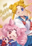  1girl absurdres bishoujo_senshi_sailor_moon blonde_hair blue_eyes blue_sailor_collar bow chibi_usa cone_hair_bun double_bun hair_bun heart heart_hands highres juuban_elementary_school_uniform juuban_middle_school_uniform katt_sun lips long_hair looking_at_viewer one_eye_closed pink_hair red_bow red_eyes sailor_collar school_uniform smile tsukino_usagi twintails very_long_hair 