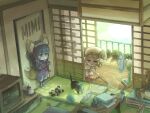  2girls animal_ears architecture black_cat book book_stack butterfly_net cafe_(chuu_no_ouchi) cat cat_teaser day east_asian_architecture electric_fan fox_ears fox_girl fox_tail hand_net hat horns indoors katana kneeling mob_cap multiple_girls ninja original own_hands_together plant potted_plant sheep_ears sheep_girl sheep_horns standing stuffed_animal stuffed_panda stuffed_toy sword table tail tatami teddy_bear television tissue_box weapon 