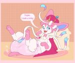ambiguous_gender blue_eyes blush blush_lines border bow_(anatomy) bubblepuppers cape clothed clothing crown cute_fangs dialogue diaper dotted_background eeveelution english_text fangs feral fur generation_6_pokemon gloves_(marking) head_tuft headgear hi_res lying male_(lore) markings moon_(mrmoonmoo) nintendo on_back on_pillow open_mouth orange_background pattern_background pattern_diaper pawpads pillow pink_body pink_border pink_diaper pink_fur pink_pawpads pink_tail pokemon pokemon_(species) simple_background soiled_diaper solo star_print sylveon tail teeth text tuft unclean_diaper used_diaper wearing_diaper white_body white_fur