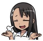  1girl 774_(nanashi) black_hair closed_eyes collared_shirt ijiranaide_nagatoro-san long_hair lowres nagatoro_hayase open_mouth puff_of_air shirt simple_background smile solo tan upper_body white_background white_shirt 