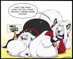 2024 anthro belly big_belly bottomwear canid canine canis clothing deon_(deonwolf) deonwolf digital_media_(artwork) duo english_text food fur hair male mammal obese obese_anthro obese_male overweight overweight_anthro overweight_male pants pizza shirt sign stuffing text tongue tongue_out topwear white_body white_fur white_hair wolf yellow_eyes