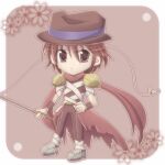  1boy armor assassin_(ragnarok_online) bandages bandages_over_clothes brown_background brown_eyes brown_hat brown_pants brown_shirt cape chibi chibi_only closed_mouth commentary_request dated_commentary expressionless fedora fishing_rod full_body hair_between_eyes hat holding holding_fishing_rod looking_at_viewer lowres male_focus pants pauldrons ragnarok_online red_cape red_hair red_scarf scarf sharari shirt short_hair shoulder_armor sleeveless sleeveless_shirt solo torn_cape torn_clothes torn_scarf waist_cape 