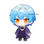  1girl angela_(project_moon) ascot black_pantyhose blue_coat blue_hair blue_shoes blue_skirt blue_vest chibi closed_mouth coat collared_shirt full_body funnibunni highres library_of_ruina long_sleeves looking_at_viewer orange_brooch orange_eyes pantyhose project_moon shirt shoes short_hair simple_background skirt solo standing vest white_ascot white_background white_shirt 