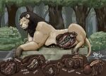 2022 anthro balls belly big_belly bone bones_in_feces bones_in_stomach brown_body brown_fur brown_mane burble_(sound_effect) colored dated death detailed_background digested digestion digestion_noises digestion_sequence digestive_juice duo fatal_vore feces feces_in_intestines felid feral feral_pred forest forest_background frown fur genitals glorp gore graphic_digestion gurgle_(sound_effect) internal jeri_kleinlowe lion long_tail looking_at_viewer lying male male/male mammal mane mephitid nature nature_background nude nude_feral on_front pantherine pedestal penis plant rumbling_stomach shrub side signature skunk slosh sloshing_belly solo squish_(sound_effect) tail tail_tuft tan_body tan_fur text tree tuft vore white_text yellow_eyes