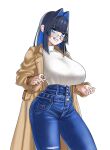  1girl absurdres baitoubaozou black_hair blue_eyes blue_hair blue_pants blunt_bangs blunt_sidelocks blush breasts brown_coat coat colored_inner_hair commentary cowboy_shot denim ear_piercing glasses hair_intakes high-waist_pants highres hololive hololive_english jeans large_breasts long_hair long_sleeves looking_at_viewer multicolored_hair official_alternate_costume official_alternate_hair_length official_alternate_hairstyle ouro_kronii ouro_kronii_(casual) pants piercing shirt shirt_tucked_in sidelocks simple_background smile solo torn_clothes torn_pants trench_coat turtleneck turtleneck_shirt virtual_youtuber white_background white_shirt 