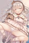  1girl :o anastasia_(fate/grand_order) blush breasts cleavage dress dress_lift dutch_angle error eyebrows_visible_through_hair eyes_closed fate/grand_order fate_(series) female long_hair lying nekotwei on_back open_mouth pacifier panties shoe_soles shoes silver_hair sleeping solo underwear white_legwear white_panties 