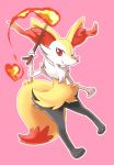  feet fire fox full_body gen_6_pokemon hand_up heart highres holding lai_(pixiv1814979) looking_at_viewer no_humans one_eye_closed outline paws pigeon-toed pink_background pokemon pokemon_(creature) red_eyes simple_background smile solo standing stick 