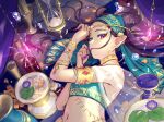  1girl aqua_eyeliner aqua_headscarf arabian_clothes black_hair bottle bracelet commentary_request crystal demekko-222 eyelashes flower glowing_crystal gold_armlet gold_bracelet gold_choker hair_in_own_mouth hair_spread_out highleg highres hourglass jewelry lily_pad lipstick long_hair looking_at_viewer lotus lying makeup mark_under_eye midriff nail_polish navel on_back original pointy_ears purple_eyes purple_nails red_lips see-through_clothes see-through_shawl shawl solo upper_body vase very_long_fingernails water_drop wine_bottle 
