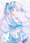  1girl aqua_eyes aqua_hair aqua_skirt blush bow breasts bug butterfly commentary dress glowing_butterfly hair_bow hair_ornament half-closed_eyes hatsune_miku highres hiramado_miku kowareta_sekai_to_utaenai_miku long_hair long_sleeves looking_at_viewer medium_breasts official_alternate_costume official_alternate_hairstyle open_mouth pleated_skirt project_sekai shina_(sbk951121) skirt smile solo spoilers twintails very_long_hair vocaloid watermark white_bow white_dress x_hair_ornament 