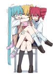  +++ 3girls absurdres akita_neru antenna_hair aqua_eyes aqua_hair bandaged_leg bandages bike_shorts_under_skirt black_choker black_socks blonde_hair blush bright_pupils cellphone chair channel_(caststation) choker clothes_around_waist commentary drill_hair duplicate fang flying_sweatdrops full_body gauze gauze_on_knee hair_between_eyes hair_ornament hairclip hatsune_miku highres holding holding_phone hug kasane_teto leg_warmers loafers long_hair long_sleeves multiple_girls nail_polish nose_blush notice_lines open_mouth phone pink_shoes pixel-perfect_duplicate pleated_skirt red_eyes red_hair school_uniform shared_chair shirt shoes short_sleeves simple_background sitting skirt smartphone sneakers socks sweat triple_baka_(vocaloid) triple_ryuunen twin_drills twintails utau very_long_hair vocaloid white_background white_pupils white_shirt white_socks yellow_eyes yellow_nails 