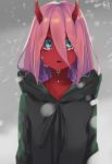  absurdres aqua_eyes crying crying_with_eyes_open darling_in_the_franxx epeulu_(ate5424) hair_between_eyes highres horns looking_at_viewer open_mouth pink_hair red_skin sad snow snowing solo tears zero_two_(darling_in_the_franxx) 