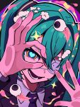  1girl aqua_hair black_jacket black_necktie blue_eyes collared_shirt commentary_request double-parted_bangs eyeball eyepatch hair_between_eyes hair_intakes hatsune_miku heart heart-shaped_pupils highres jacket long_hair long_sleeves looking_at_viewer lower_teeth_only medical_eyepatch monitoring_(vocaloid) necktie open_mouth shirt sidelocks solo symbol-shaped_pupils teeth twintails uzuki_sena vocaloid white_shirt 