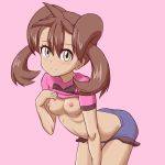  arched_back bare_arms blue_shorts blush breasts brown_hair closed_mouth commentary dark_skin eld_(ljhlee12) eyebrows_visible_through_hair green_eyes hair_between_eyes hand_up leaning_forward lifted_by_self long_hair looking_at_viewer nipples pink_background pink_shirt pokemon pokemon_(game) pokemon_xy quad_tails sana_(pokemon) shirt shirt_lift short_sleeves shorts simple_background smile solo standing stomach twintails upper_body 