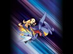  1girl :o black_coat black_collar black_pants black_shoes blanco026 blonde_hair coat collar cynthia_(pokemon) floating_hair fur-trimmed_coat fur_collar fur_trim garchomp hair_ornament hair_over_one_eye highres long_hair long_sleeves looking_at_viewer official_art open_mouth outstretched_arm pants pokemon pokemon_(creature) pokemon_dppt pokemon_tcg second-party_source shoes 