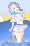  1girl bare_shoulders bikini bikini_skirt blowhole blue_eyes blue_hair blush cetacean_tail common_bottlenose_dolphin_(kemono_friends) detached_sleeves dolphin_girl dorsal_fin fins fish_tail frilled_bikini frills grey_hair hair_between_eyes head_fins highres kamisamanosaba kemono_friends looking_at_viewer midriff multicolored_hair navel official_alternate_costume open_mouth sidelocks smile solo spaghetti_strap sunset swimsuit tail water white_bikini white_hair 