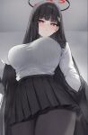  1girl black_hair black_halo black_pantyhose black_skirt blue_archive blush breasts hair_ornament hairclip halo highres huge_breasts long_sleeves looking_at_viewer millennium_science_school_logo miniskirt pantyhose pleated_skirt red_eyes ribbed_sweater ringed_eyes rio_(blue_archive) skirt solo sweater thighs tol10131 white_sweater 
