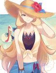  1girl absurdres beach bikini blonde_hair blue_sarong breasts brown_hat closed_mouth crop_top cynthia_(pokemon) cynthia_(summer_2025)_(pokemon) day flower flower_hat grey_eyes hair_over_one_eye hat hat_flower hibiscus highres long_hair looking_at_viewer milotic navel official_alternate_costume outdoors pokemon pokemon_(creature) pokemon_masters_ex red_flower ryusa_(gjgd7445) sarong shirt sky smile straw_hat sun_hat swimsuit tied_shirt very_long_hair water watermark 