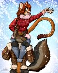 anthro barefoot blue_eyes bottomwear breasts brown_body brown_fur canid canine canis clothing cougar digital_media_(artwork) duo feet felid feline fingerpads fur green_eyes hair hi_res holding_character holley_(sclimshady) jacket kiit0s looking_up male mammal open_mouth outside pants pawpads red_clothing red_hair reese_(sclimshady) smile snow tail topwear wolf
