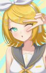  1girl absurdres aqua_background aqua_eyes black_sailor_collar blonde_hair blowing_kiss bow collarbone hair_bow hair_ornament hairclip headset highres kagamine_rin looking_at_viewer musical_note musical_note_print one_eye_closed parallel_hairclips parted_lips polka_dot polka_dot_background sailor_collar shirt short_hair simple_background sleeveless sleeveless_shirt solo two-tone_background upper_body v vocaloid white_bow white_shirt yellow_background yellow_nails zarame_(v39n_) 