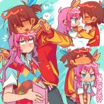  1boy 1girl alternate_costume alternate_hairstyle argyle_clothes aubrey_(faraway)_(omori) aubrey_(omori) blue_eyes blush book brown_hair chibi chinese_text closed_eyes closed_mouth collared_shirt dark-skinned_male dark_skin ear_piercing hairband hand_on_another&#039;s_head holding holding_book huasuan69416 jacket jewelry kel_(faraway)_(omori) kel_(omori) long_sleeves looking_at_another omori open_mouth parted_lips piercing pink_hair red_jacket ring shirt short_sleeves sweatdrop sweater_vest translation_request white_shirt yellow_hairband 
