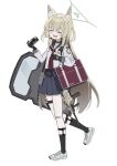  1girl absurdres animal_ear_fluff animal_ears ascot bag ballistic_shield bandaid bandaid_on_knee bandaid_on_leg black_gloves black_socks blonde_hair blue_archive blue_halo blue_sailor_collar blue_skirt blush camera closed_eyes fang fox_ears fox_girl gloves gun halo highres holding holding_bag holding_camera holding_gun holding_shield holding_weapon holster inaba_reito kneehighs kurumi_(blue_archive) long_hair microphone one_side_up open_mouth pleated_skirt red_ascot red_bag sailor_collar shield shirt shoes skin_fang skirt socks solo submachine_gun thigh_holster weapon white_shirt white_shoes 