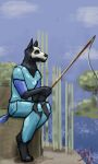 2024 absurd_res anthro black_body black_fur blue_body blue_eyes blue_fur blue_sky bone canid canine cloud day detailed_background diamond_armor dirt_block feet fishing fishing_rod fur grass hi_res jeri_kleinlowe male mammal microsoft minecraft mojang outside plant red_text sand signature sitting skull skull_head sky solo sugarcane text tree water xbox_game_studios