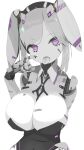  1girl android animal_ear_hairband animal_ears black_leotard bolo_tie breasts cleavage colored_skin covered_navel detached_collar dot_nose eyelid_pull fake_animal_ears grey_hair grey_tongue hairband highres joints large_breasts leotard looking_at_viewer mecha_musume nanatsuki_sousuke original parted_bangs playboy_bunny purple_eyes purple_trim rabbit_ears robot_girl robot_joints saliva saliva_drip short_hair_with_long_locks sidelocks simple_background solo strapless strapless_leotard teeth tongue tongue_out upper_teeth_only white_background white_skin 