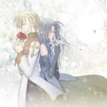  1boy 1girl black_skirt blonde_hair blue_gloves blue_hair blue_shirt brown_coat closed_eyes closed_mouth coat commentary_request cowboy_shot dated_commentary elbow_gloves expressionless flower gloves gold_trim grey_background high_priest_(ragnarok_online) holding holding_flower lily_(flower) long_hair long_sleeves lowres multicolored_coat original ragnarok_online red_coat red_flower sharari shirt short_hair skirt sleeveless sleeveless_shirt two-tone_coat white_coat white_flower 