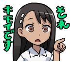  1girl 774_(nanashi) black_hair brown_eyes collared_shirt ijiranaide_nagatoro-san long_hair looking_at_viewer lowres nagatoro_hayase open_mouth pointing pointing_at_viewer shirt simple_background solo tan triangle_mouth upper_body white_background white_shirt 