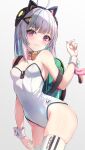  1girl admi_(nikke) ahoge animal_ears backpack bag bag_charm bow bowtie breasts cat_ears cat_tail character_name charm_(object) cleavage colored_inner_hair detached_collar fake_animal_ears furrowed_brow goddess_of_victory:_nikke green_hair grey_hair hair_ornament hand_up headgear highres leotard looking_at_viewer medium_hair multicolored_hair pool@nikke purple_hair randoseru small_breasts solo standing strapless strapless_leotard streaked_hair tail tail_bow tail_ornament thighhighs white_background white_bow white_bowtie white_leotard white_thighhighs white_wrist_cuffs wrist_cuffs 