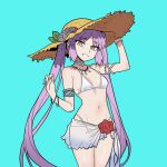  1girl armlet bare_shoulders bikini blue_background bracelet breasts cleavage collarbone euryale_(fate) fate/grand_order fate_(series) flower hand_on_headwear hat hmzeus jewelry long_hair looking_at_viewer navel open_mouth purple_eyes purple_hair red_flower simple_background small_breasts smile solo straw_hat swimsuit twintails white_bikini 