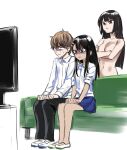  &lt;o&gt;_&lt;o&gt; 1boy 2girls 774_(nanashi) :&lt; black_hair blue_skirt breasts brown_hair closed_mouth clothed_female_nude_female clothed_male_nude_female collared_shirt couch covering_breasts covering_privates crossed_arms hachiouji_naoto hair_ornament hairclip hands_on_own_thighs highres ijiranaide_nagatoro-san large_breasts looking_at_another multiple_girls nagatoro_hayase navel nude official_art pleated_skirt red_eyes school_uniform shirt shoes sidelocks simple_background sitting skirt sunomiya_sana sweat sweatdrop tan television uwabaki watching white_background white_shirt 