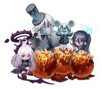  2girls absurdres aris_(blue_archive) bird black_coat black_gloves black_hair black_halo black_skirt blue_archive blue_eyes blue_halo breasts chibi coat coat_on_shoulders demon_girl demon_horns demon_wings food gloves halo hat highres hina_(blue_archive) horns jeongdang_geolae kuro_(blue_archive) looking_at_viewer mouse_girl multiple_girls purple_eyes shiro_(blue_archive) side_ponytail simple_background sitting skirt small_breasts standing takoyaki white_background wings 