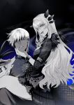  1boy 1girl absurdres bangle blue_eyes body_markings bracelet breasts dragon_girl dragon_tail dress earrings embroidery fate/grand_order fate_(series) frilled_dress frills fur_trim gradient_background greyscale hair_between_eyes hand_on_another&#039;s_cheek hand_on_another&#039;s_face highres indra_(arknights) indra_(valiant_general)_(arknights) jewelry lightning_bolt_symbol long_hair looking_at_another loolook medium_breasts monochrome open_mouth phanta short_hair sidelocks sitting sitting_on_lap sitting_on_person smile smoke spot_color tail teeth vritra_(fate) yellow_eyes 
