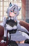  1girl animal_ear_fluff animal_ears apron black_corset black_dress black_thighhighs black_wrist_cuffs blue_eyes blue_hair chain corset couch dress gloves gradient_hair grey_hair hakurou_lufu_(vtuber) hand_up highres indie_virtual_youtuber indoors light_blush light_smile long_sleeves looking_at_viewer maid maid_headdress multicolored_hair niro_(niro26) second-party_source side_slit solo streaked_hair tail thighhighs two-tone_dress virtual_youtuber waist_apron white_apron white_dress white_gloves window wolf_ears wolf_girl wolf_tail wrist_cuffs 