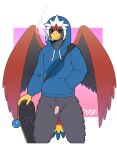 abstract_background accipitrid accipitriform anthro artist_logo avian back_wings bag balls beak bird black_claws black_eyeliner black_eyes black_finger_claws black_makeup black_straps black_talons blue_bag blue_cere blue_clothing blue_hoodie blue_tail blue_tail_feathers blue_tail_tip blue_topwear bottomless braviary cere_(anatomy) chest_bag cigarette cigarette_in_mouth cigarrete claws clothed clothing darksidefighter digital_drawing_(artwork) digital_media_(artwork) dipstick_tail drawstring drawstring_clothing drawstring_hoodie drawstring_topwear eagle eyelashes eyeliner fan_character fan_tail feather_hair feather_tuft feathered_crest feathered_wings feathers finger_claws flaccid foreskin front_view generation_5_pokemon genitals glistening glistening_beak glistening_eyes glistening_genitalia glistening_penis gradient_background grey_balls grey_body grey_crotch grey_face grey_feathers grey_genitals grey_legs grey_wings hand_in_pocket head_crest hi_res holding_object holding_skateboard hood hood_up hoodie humanoid_genitalia humanoid_hands humanoid_penis laid_back lit_cigarette logo makeup male markings multicolored_body multicolored_feathers multicolored_genitals multicolored_tail multicolored_tail_feathers nado_soarian nintendo object_in_mouth penis pink_background pink_genitals pink_penis pockets pokemon pokemon_(species) pokemorph portrait pseudo_hair purple_background red_body red_feathered_crest red_feathers red_tail red_tail_feathers red_wings simple_background skateboard small_penis smoke smoking smoking_cigarette solo tail tail_feathers tail_markings talon_hands tan_feather_hair three-quarter_portrait topwear tuft vehicle white_background white_drawstring white_feathered_crest wings yellow_beak yellow_hands yellow_tail yellow_tail_feathers