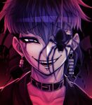  1boy black_collar blue_hair blurry blurry_foreground bug chamuchai collar collarbone cracked_skin earrings evil_smile face_piercing highres jewelry labret_piercing male_focus omokage_yugamu one_eye_covered piercing portrait purple_eyes short_hair smile solo spider spine the_hundred_line_-last_defense_academy- 