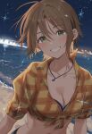  1girl absurdres arms_at_sides beach bikini bikini_under_clothes blue_bikini blush breasts brown_hair cleavage collarbone collared_shirt dot_nose ear_piercing earrings emu_(emum) green_eyes grin head_tilt highres idolmaster idolmaster_cinderella_girls jewelry kimura_natsuki long_bangs looking_at_viewer medium_breasts navel night night_sky ocean official_alternate_costume official_alternate_hairstyle open_mouth orange_shirt outdoors pendant piercing plaid_clothes plaid_shirt sand shirt short_hair short_sleeves sidelocks sky smile solo sparkle standing star_(sky) straight_hair swept_bangs swimsuit tied_shirt upper_body water 