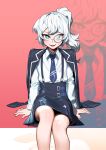 1girl absurdres artist_request black_jacket black_skirt blue_eyes blue_necktie collared_shirt commission feet_out_of_frame highres jacket jacket_on_shoulders long_hair long_sleeves looking_at_viewer monocle necktie open_mouth original second-party_source shirt shirt_tucked_in side_ponytail sitting skirt smile solo_focus white_hair white_shirt 