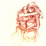  2girls amano_yoshitaka_(style) arm_markings bare_shoulders bold-lady-boss closed_eyes couple cropped_legs fanille final_fantasy final_fantasy_viii final_fantasy_xiii hand_on_another&#039;s_shoulder heads_together hug logo_parody markings midriff multiple_girls oerba_dia_vanille oerba_yun_fang parody simple_background smile style_parody yuri 