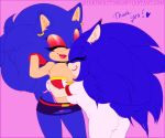 bikini blue_fur breasts clothed clothing collar crossgender duo ear_piercing ear_tuft female fluffy fur gloves hair hig hug lipstick long_hair makeup panties piercing rubber shadisfaction skimpy sonic_(series) sonic_the_hedgehog spandex swimsuit tight_clothing tuft underwear 