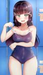 adjusting_clothes adjusting_swimsuit aqua_eyes arm_under_breasts ass_visible_through_thighs bangs black_hair blue_swimsuit blurry blurry_background blush breast_hold breasts clenched_hands collarbone commentary_request competition_school_swimsuit covered_navel cowboy_shot hair_ornament hairclip highres kurosawa_dia locker long_hair looking_at_viewer love_live! love_live!_sunshine!! medium_breasts mia_(fai1510) mole mole_under_mouth one-piece_swimsuit open_mouth school_swimsuit solo swimsuit tears thigh_gap 