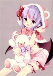  &gt;_&lt; 1girl :d absurdres animal_hood aogiri_sei bat_wings bear_hood bloomers bow capelet cowboy_shot fang frilled_thigh_strap hair_ribbon highres holding holding_stuffed_toy hood hooded_capelet looking_at_viewer open_mouth pink_bloomers pink_capelet purple_bow purple_hair red_eyes red_ribbon remilia_scarlet ribbon short_hair skin_fang smile solo stuffed_animal stuffed_toy teddy_bear thigh_strap third-party_source touhou wings wrist_cuffs 