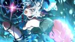  1girl absurdres animal_ear_fluff animal_ears belt black_boots black_shorts blue_eyes blue_shirt boots breasts clenched_hand commentary fangs feixiao_(honkai:_star_rail) fingerless_gloves fox_ears fox_girl gloves highres honkai:_star_rail honkai_(series) large_breasts long_hair open_mouth perspective rangut shirt short_shorts shorts sideboob sleeveless sleeveless_shirt solo thigh_belt thigh_strap white_hair 