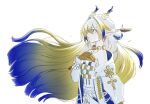  1girl aqua_eyes arknights bare_shoulders beads belt blonde_hair blue_hair closed_mouth colored_extremities commentary dragon_girl dragon_horns earrings floating_hair grey_hair hair_between_eyes hair_intakes hand_on_own_chest horns jacket jewelry komugi_(user_ddtf8553) light_smile long_hair long_sleeves looking_ahead multicolored_hair off_shoulder pointy_ears shu_(arknights) simple_background solo strapless tassel tube_top very_long_hair white_background white_belt white_jacket white_tube_top 