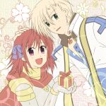  1boy 1girl :d arch_bishop_(ragnarok_online) armor black_choker blonde_hair blue_coat bow box breastplate cape choker coat commentary_request cropped_jacket cross cross_choker cross_of_prontera dated_commentary earrings floral_background gift gift_box green_eyes hair_between_eyes hair_bow hand_on_another&#039;s_head holding holding_gift jacket jewelry looking_at_viewer official_alternate_costume open_mouth pink_eyes purple_bow ragnarok_online red_cape red_hair rune_knight_(ragnarok_online) sharari short_hair smile upper_body white_jacket yellow_background 